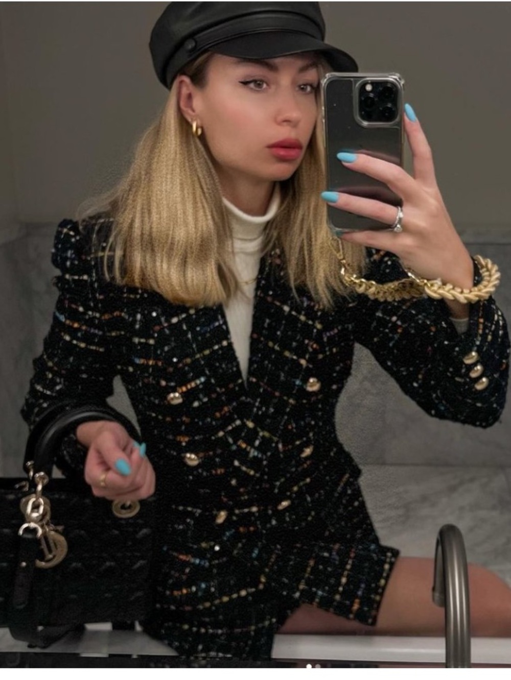 Zara Women’s Boucle Tweed Black Confetti Double Breasted Blazer Jacket Size S
